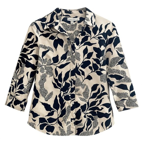 CHICO'S Black & Cream Abstract Leaf Print Button-Front Blouse - Size Small - Picture 2 of 7